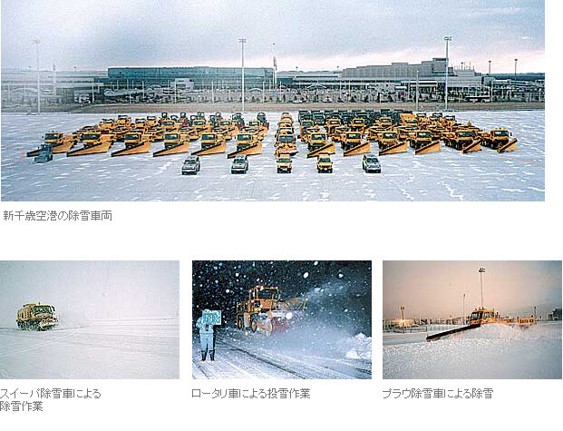 新千歳空港における除雪車両の配備状況と滑走路での除雪作業の様子