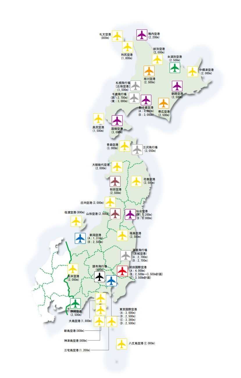 東京航空局管内の空港分布図。空港の管理区分は直下の凡例と一覧をご覧ください。