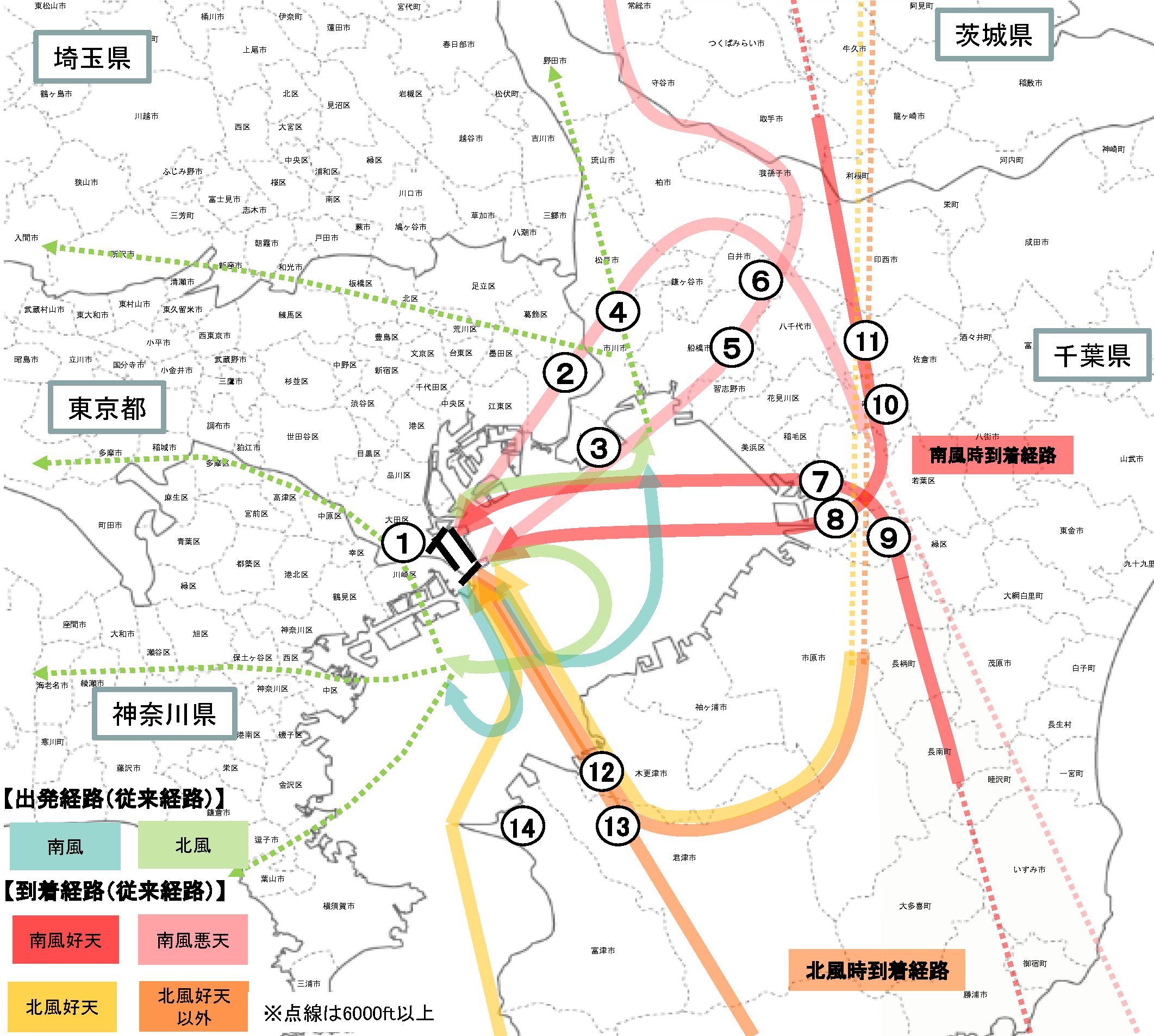 羽田空港周辺に設置された航空機騒音測定局の位置図（従来の飛行経路）