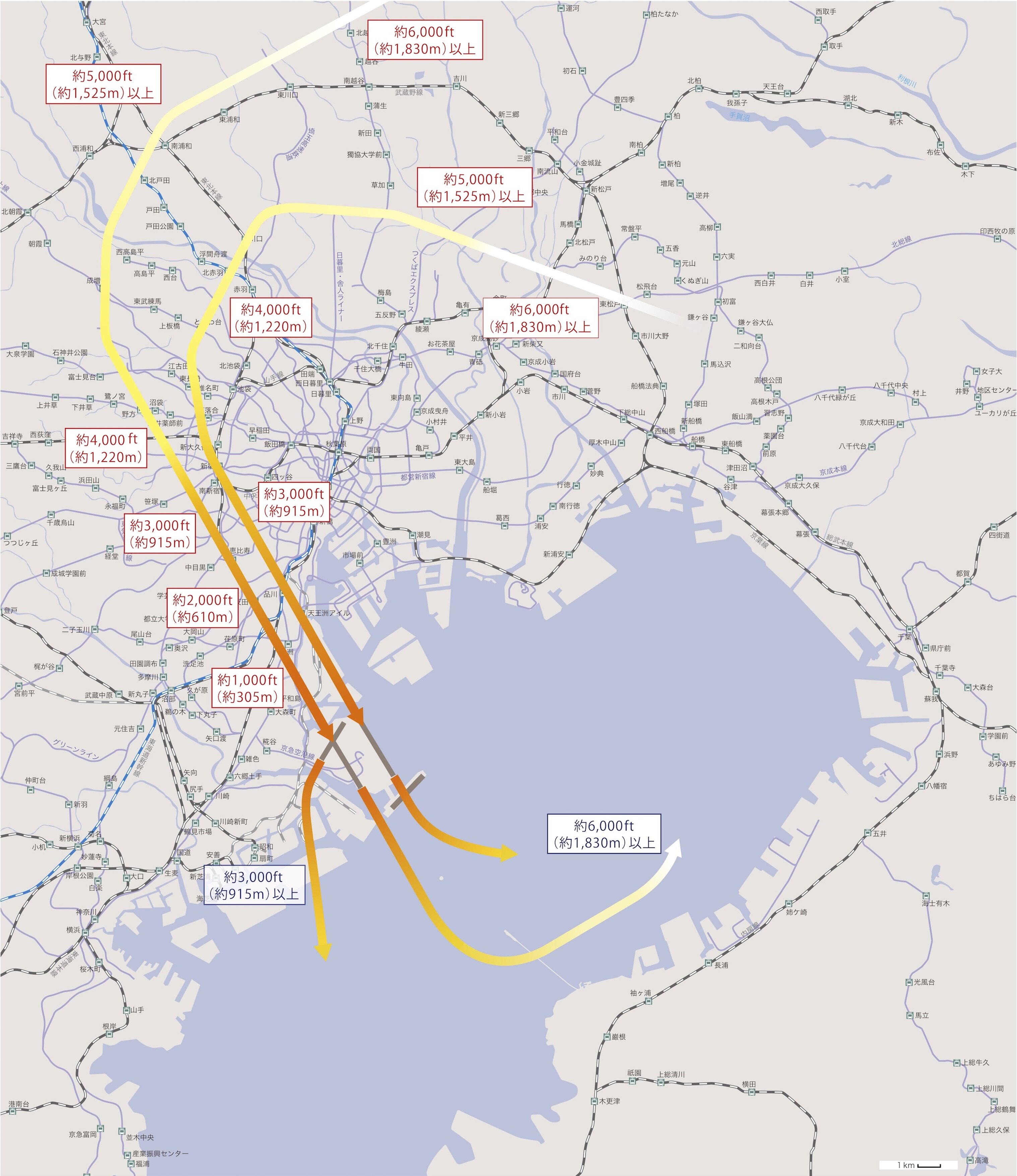 南風・新飛行経路（好天時、15～19時）の概要図。