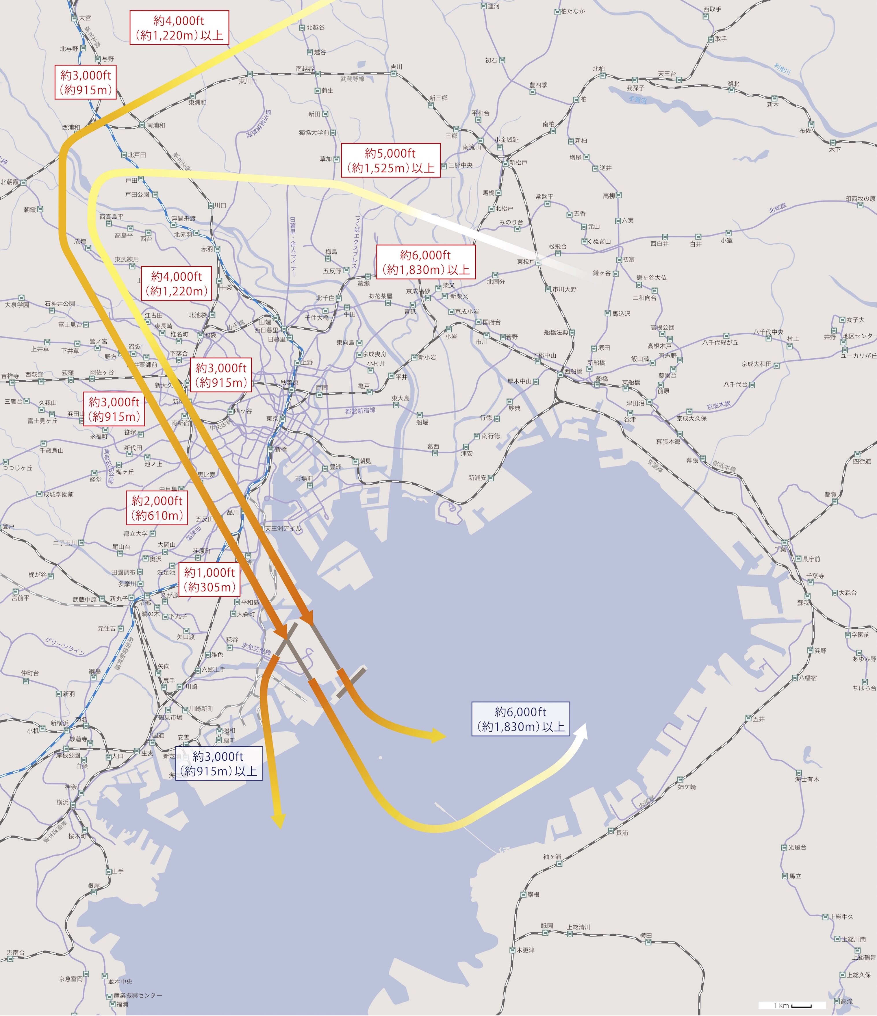南風・新飛行経路（悪天時、15～19時）の概要図。