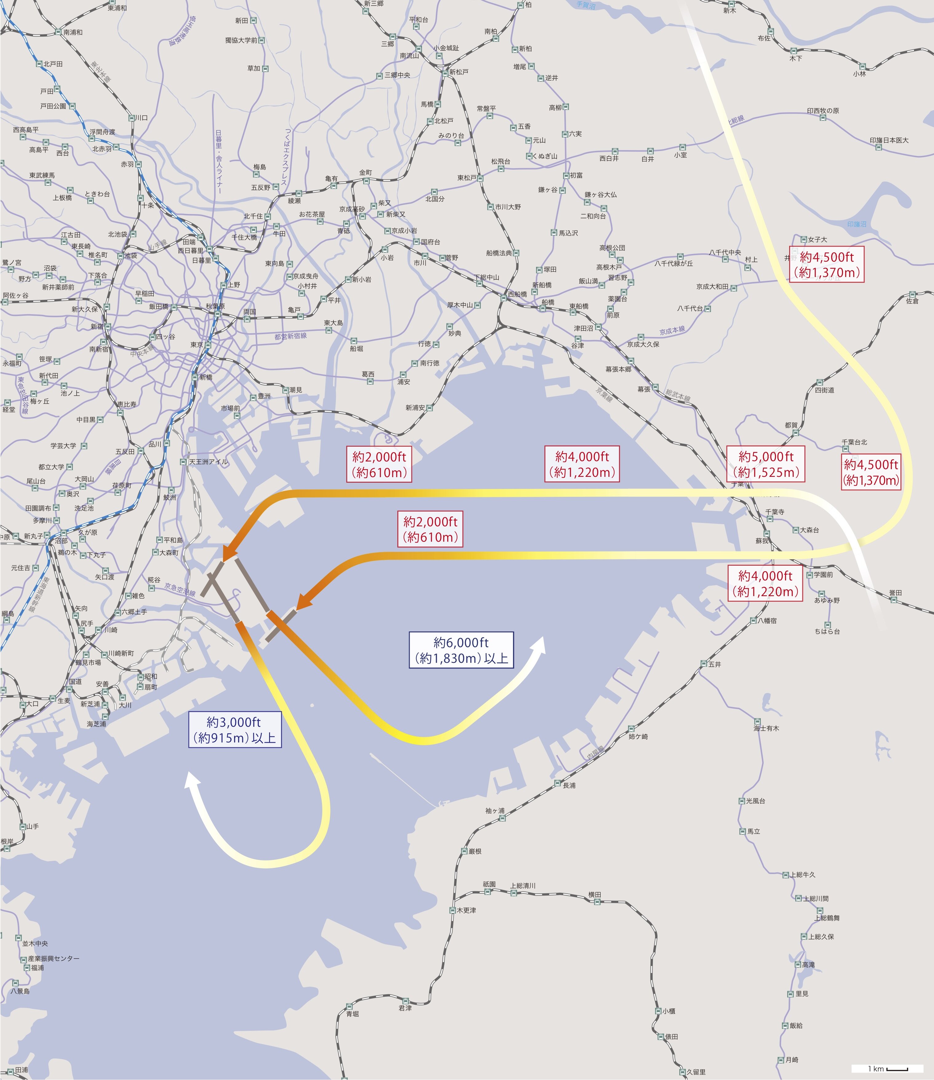 南風・飛行経路（好天時、15～19時以外）の概要図。