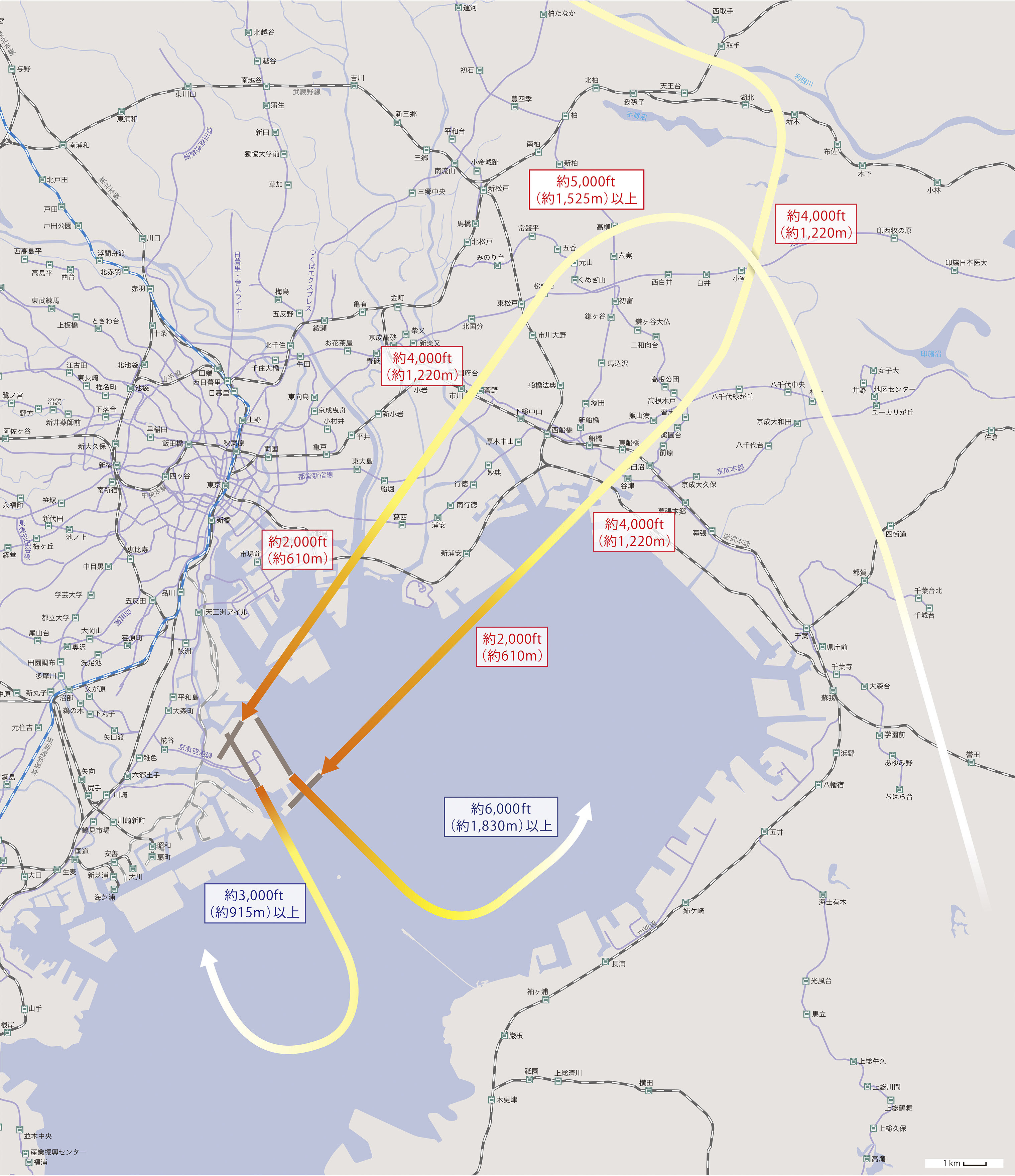 南風・飛行経路（悪天時、15～19時以外）の概要図。