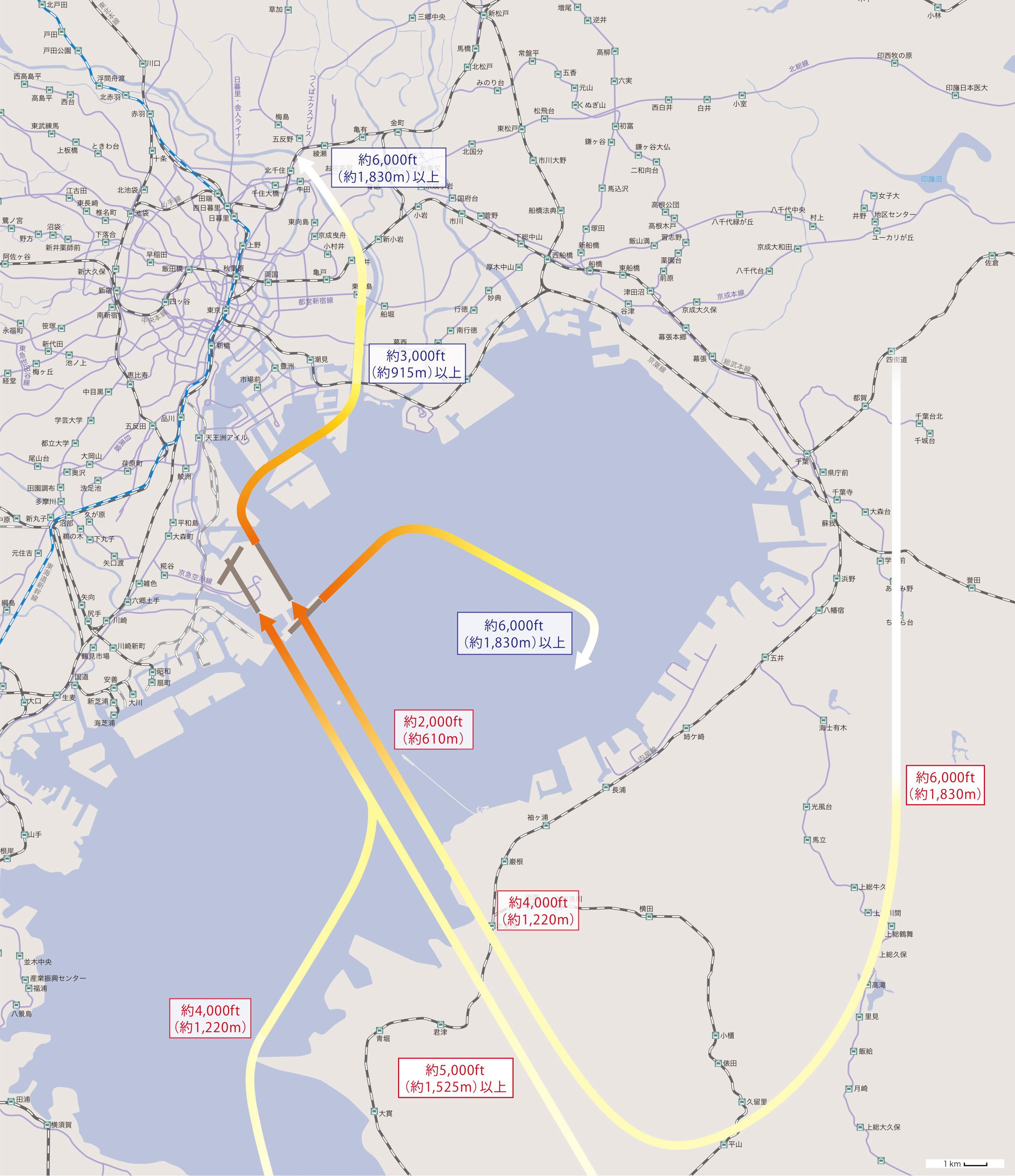 北風・新飛行経路（7～11時半、15～19時）の概要図。