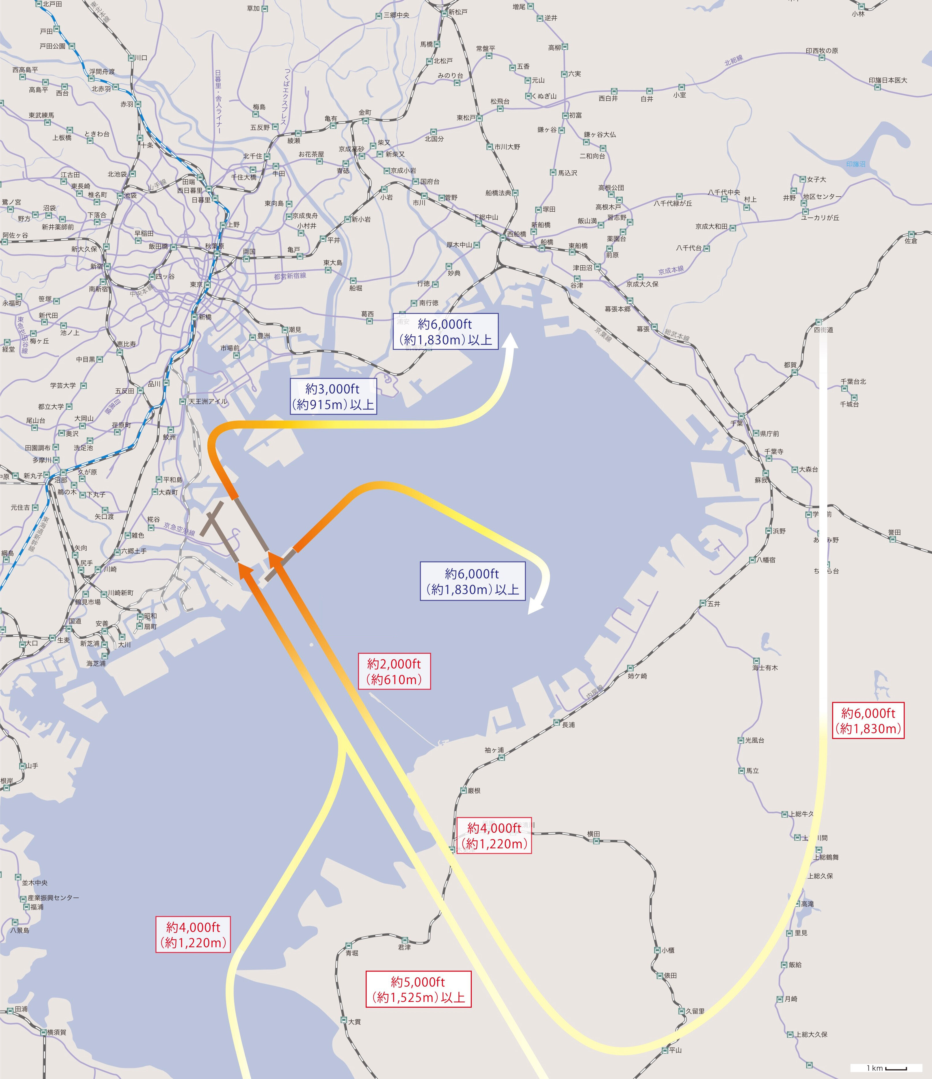北風・飛行経路（指定時間帯以外）の概要図。